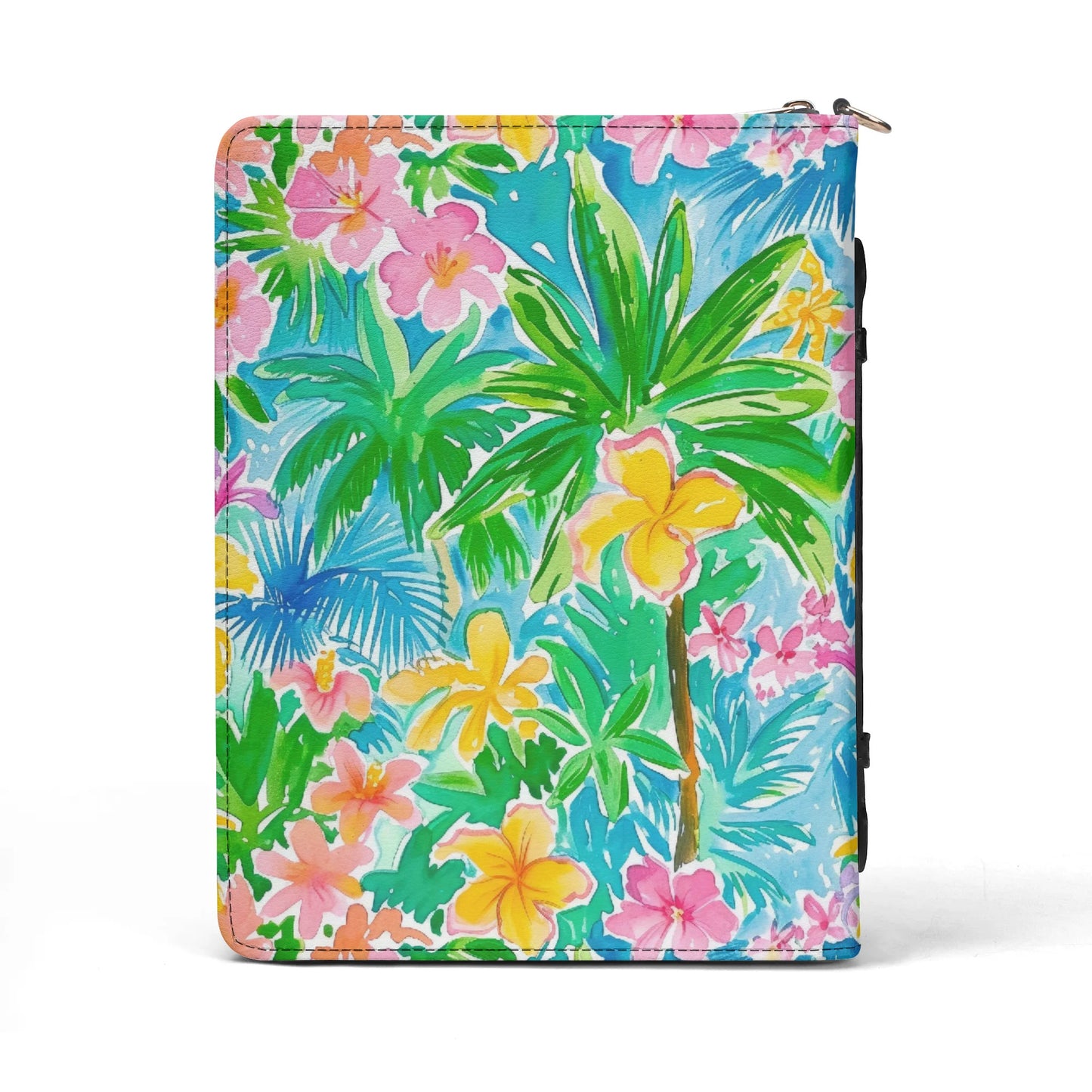 Tropical Harmony: Watercolor Yellow and Pink Hibiscus Flowers with Blue and Green Palm Leaves PU Leather Book or Bible Cover With Pocket