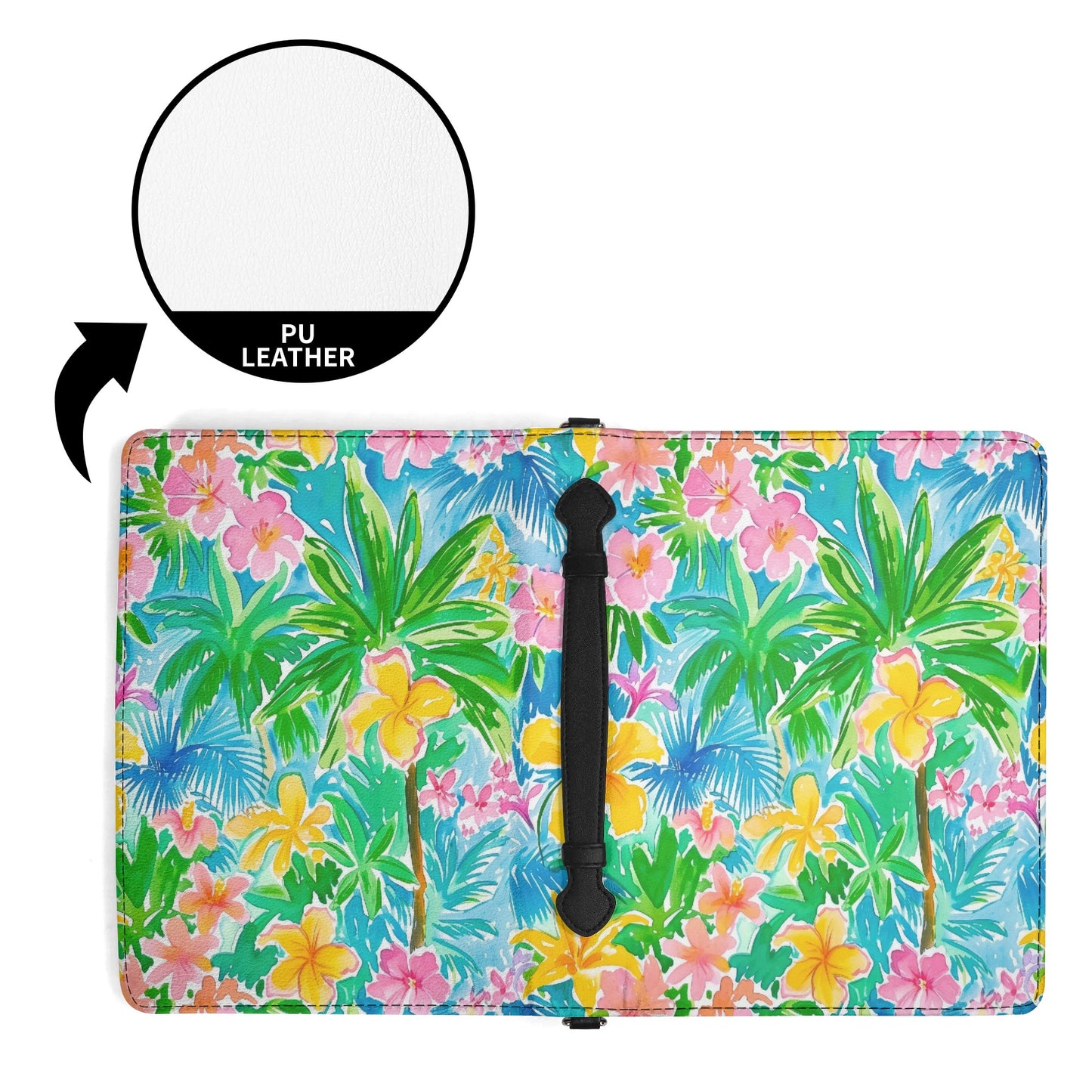 Tropical Harmony: Watercolor Yellow and Pink Hibiscus Flowers with Blue and Green Palm Leaves PU Leather Book or Bible Cover With Pocket