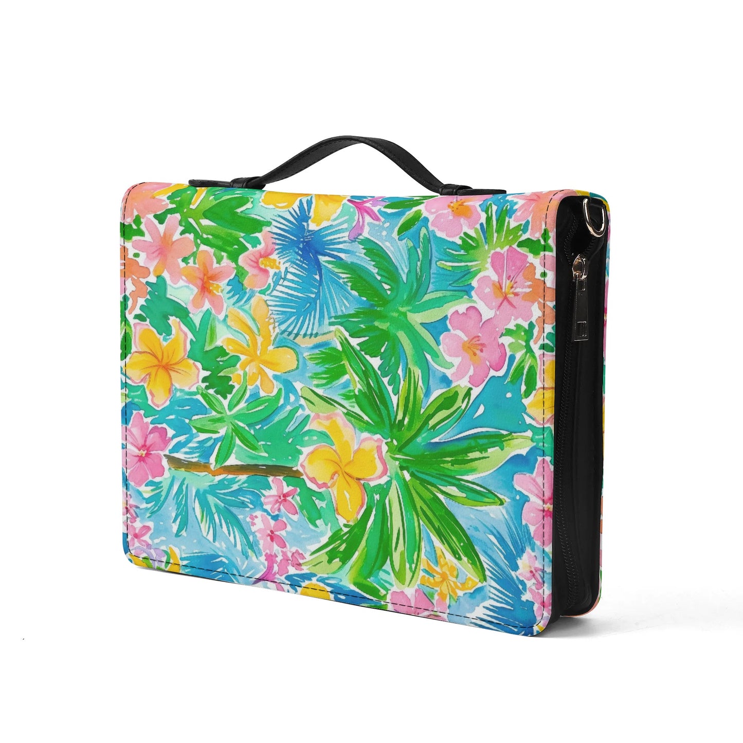 Tropical Harmony: Watercolor Yellow and Pink Hibiscus Flowers with Blue and Green Palm Leaves PU Leather Book or Bible Cover With Pocket