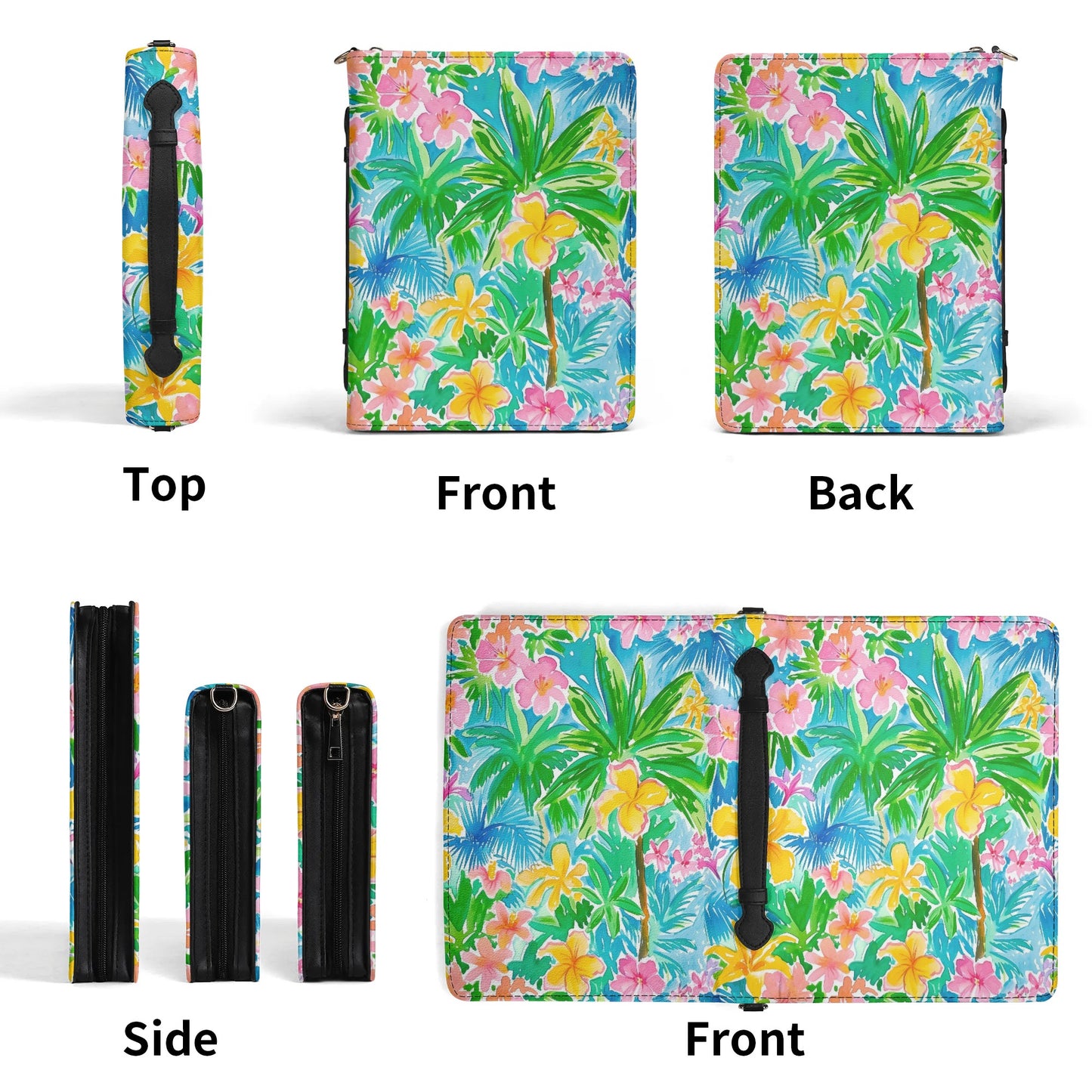 Tropical Harmony: Watercolor Yellow and Pink Hibiscus Flowers with Blue and Green Palm Leaves PU Leather Book or Bible Cover With Pocket