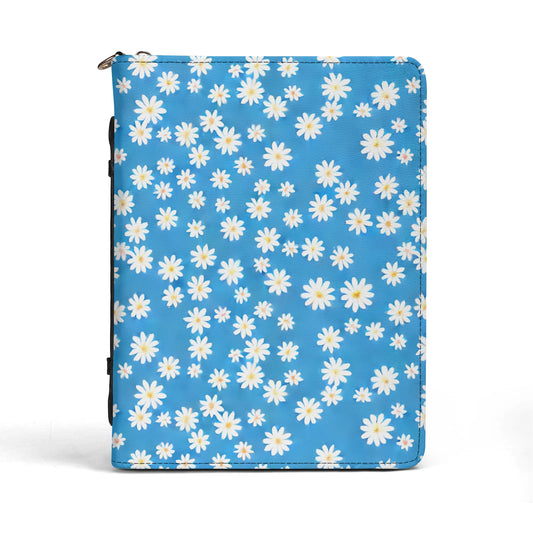 Skys Whisper: Tiny White Daisies on a Serene Blue PU Leather Bible Cover With Pocket