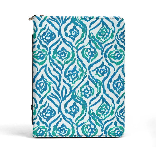 Cool Breeze Elegance: Abstract Damask Pattern in Green and Blue PU Leather Book or Bible Cover With Pocket