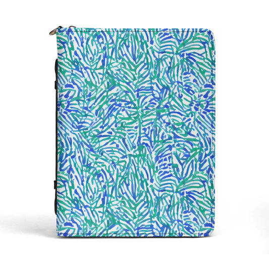 Tropical Fusion: Abstract Palm Leaves in Lime Green and Blue Hues PU Leather Bible Cover With Pocket