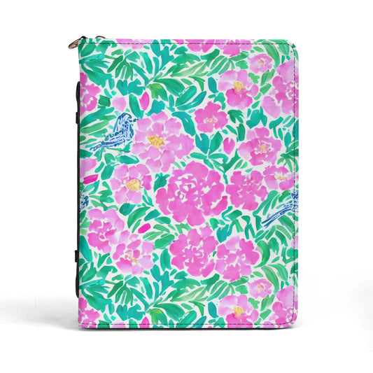 Springtime Whispers: Tiny Birds and Pink Blooms, Subtle Blue Accents, and Lush Green Leaves PU Leather Book or Bible Cover With Pocket