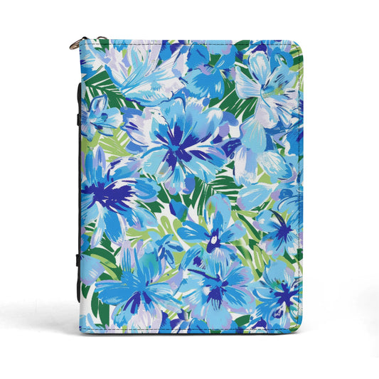 Azure Bloom Oasis: Bright Blue Large Flowers with Lush Green Palm Leaves PU Leather Bible Cover With Pocket