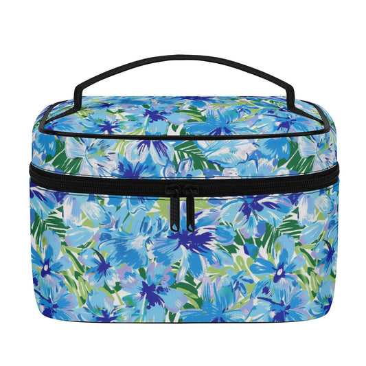 Azure Bloom Oasis: Bright Blue Large Flowers with Lush Green Palm Leaves Cosmetic or Toiletry Bag Faux Leather (PU)