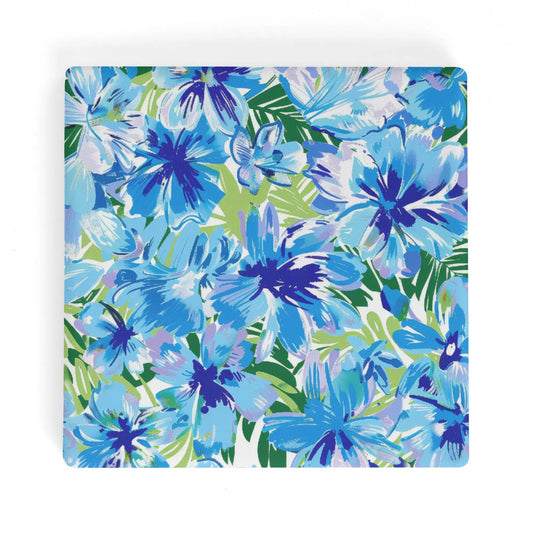 Azure Bloom Oasis: Bright Blue Large Flowers with Lush Green Palm Leaves Square Ceramic Coasters - Set of 4