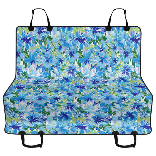 Azure Bloom Oasis: Bright Blue Large Flowers with Lush Green Palm Leaves Car Pet Seat Cover 2 Sizes