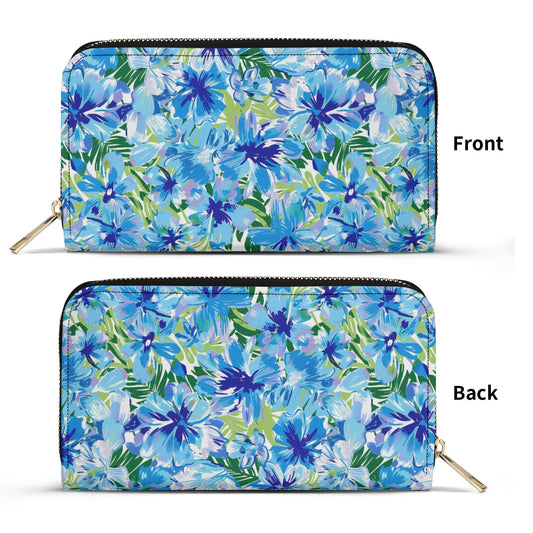 Azure Bloom Oasis: Bright Blue Large Flowers with Lush Green Palm Leaves - Leather Wallet (PU)