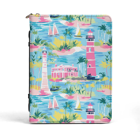 Coastal Charms: Sailboats and Lighthouses Adorning the Coastline PU Leather Bible Cover With Pocket