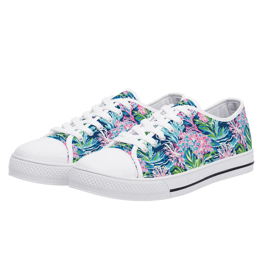 Blush Blossoms: Watercolor Water Garden Adorned with Pink Flowers Womens Low Top Canvas Sneakers US5.5 - US12