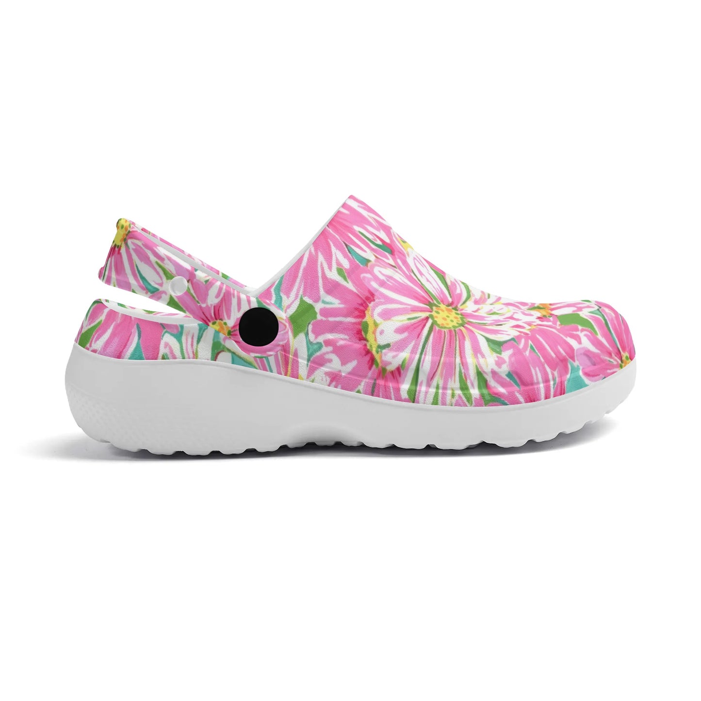 Springs Whisper: Watercolor Pink Daisies Dancing on a Lush Green Stage Casual Lightweight Slip On Nurse Style Clogs