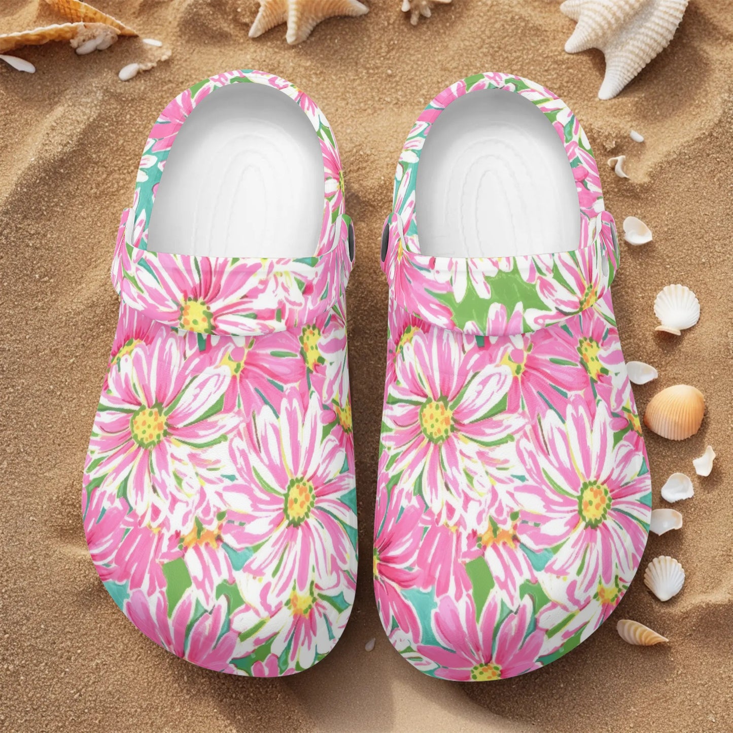Springs Whisper: Watercolor Pink Daisies Dancing on a Lush Green Stage Casual Lightweight Slip On Nurse Style Clogs