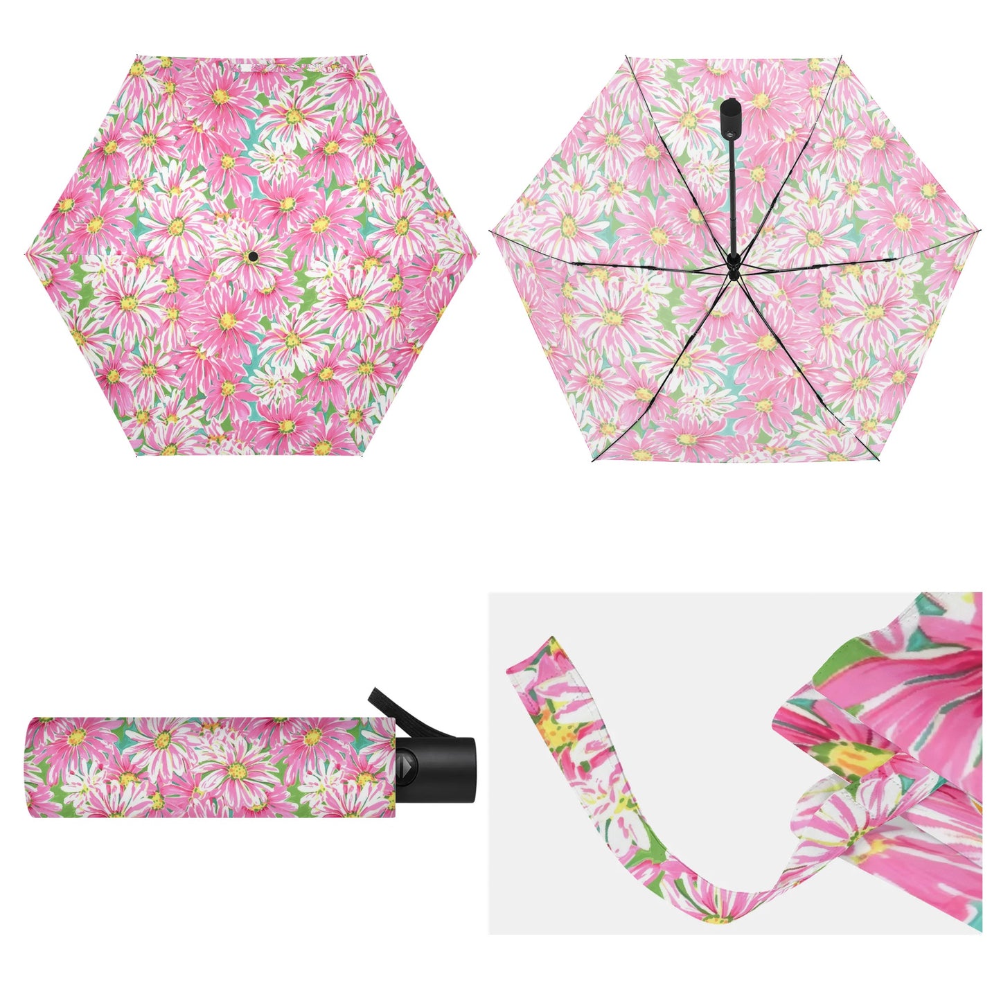 Springs Whisper: Watercolor Pink Daisies Dancing on a Lush Green Stage Umbrella Lightweight Auto Open & Close