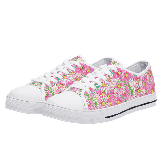 Springs Whisper: Watercolor Pink Daisies Dancing on a Lush Green Stage Womens Low Top Canvas Sneakers US5.5 - US12