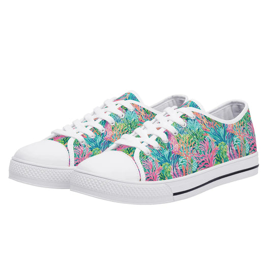 Submerged Spectrum: Vibrant Watercolor Depiction of Underwater Coral Womens Low Top Canvas Sneakers US5.5 - US12