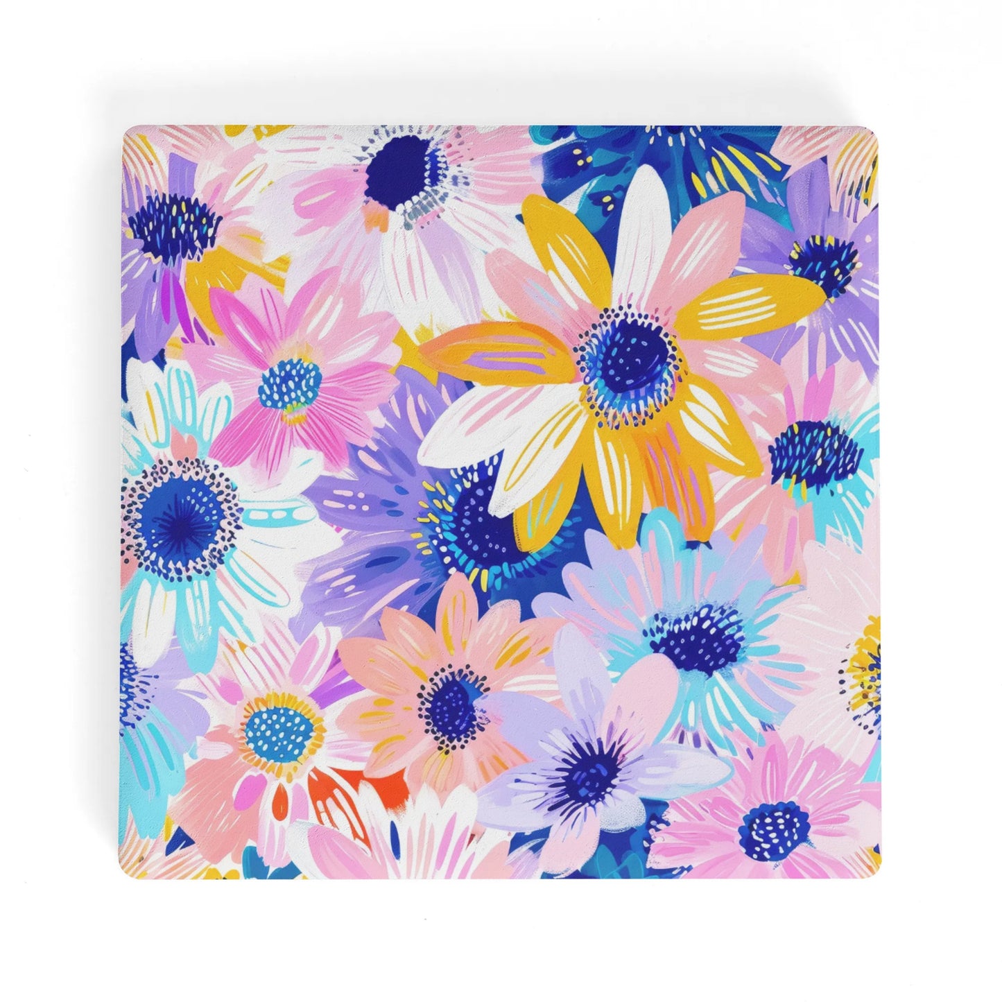 Watercolor Wonderland: Large Colorful Daisies Blooming with Radiance Square Ceramic Coasters - Set of 4