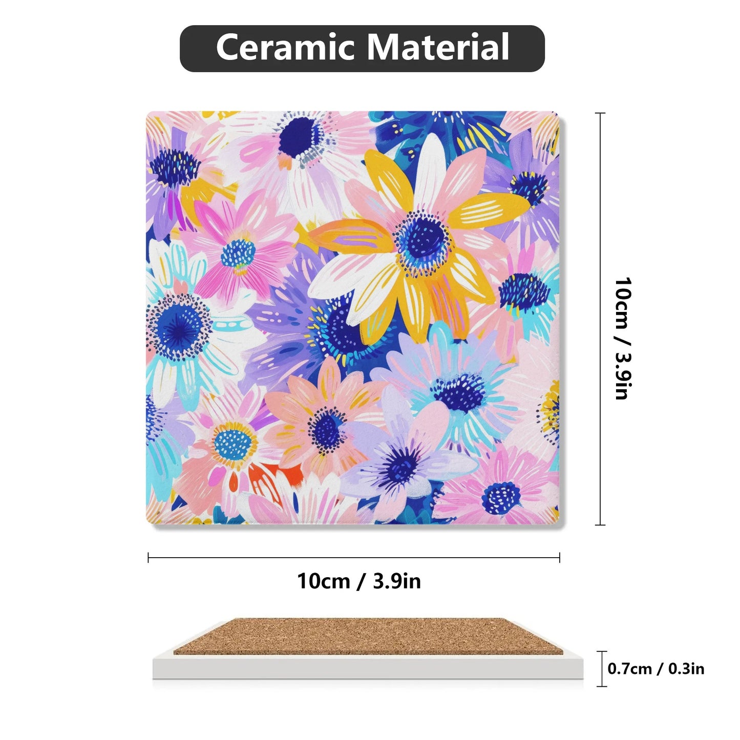 Watercolor Wonderland: Large Colorful Daisies Blooming with Radiance Square Ceramic Coasters - Set of 4