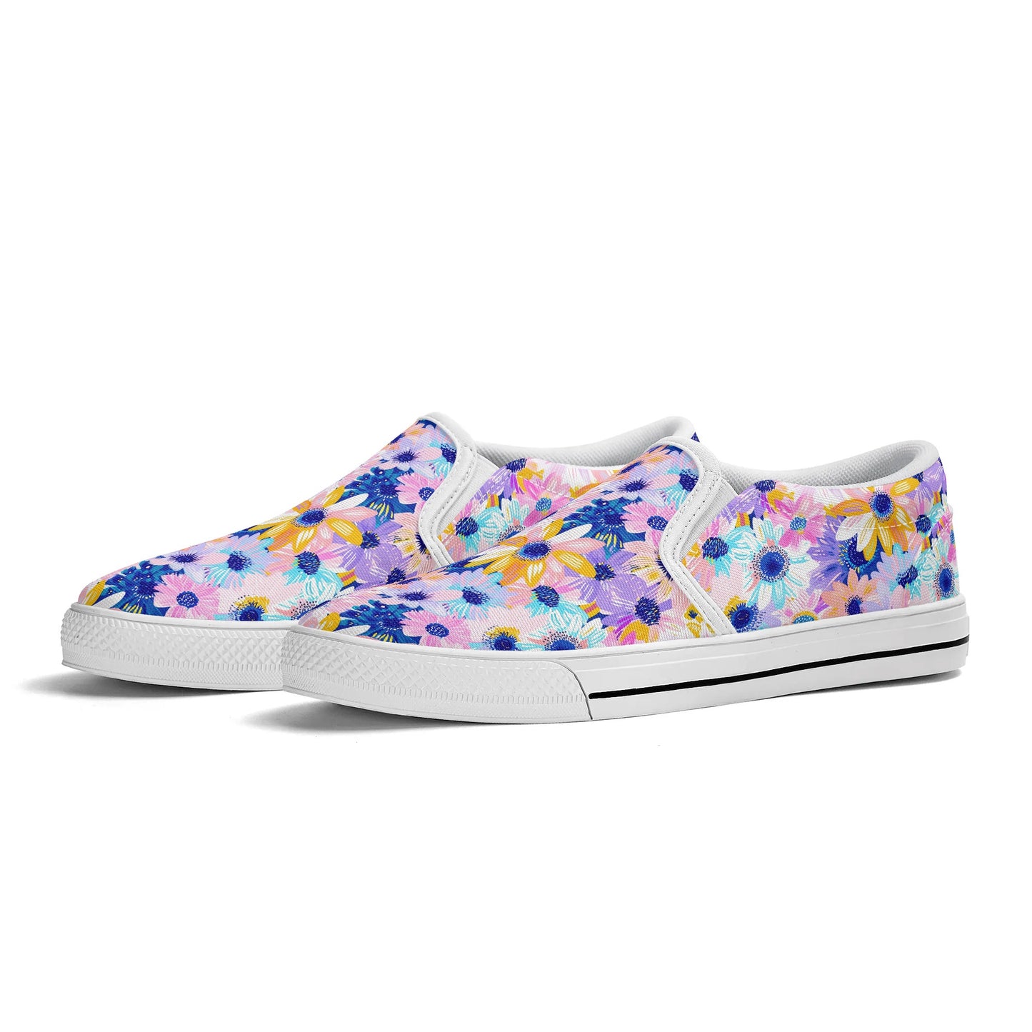 Watercolor Wonderland: Large Colorful Daisies Blooming with Radiance Womens Canvas Slip On Shoes US5-US12