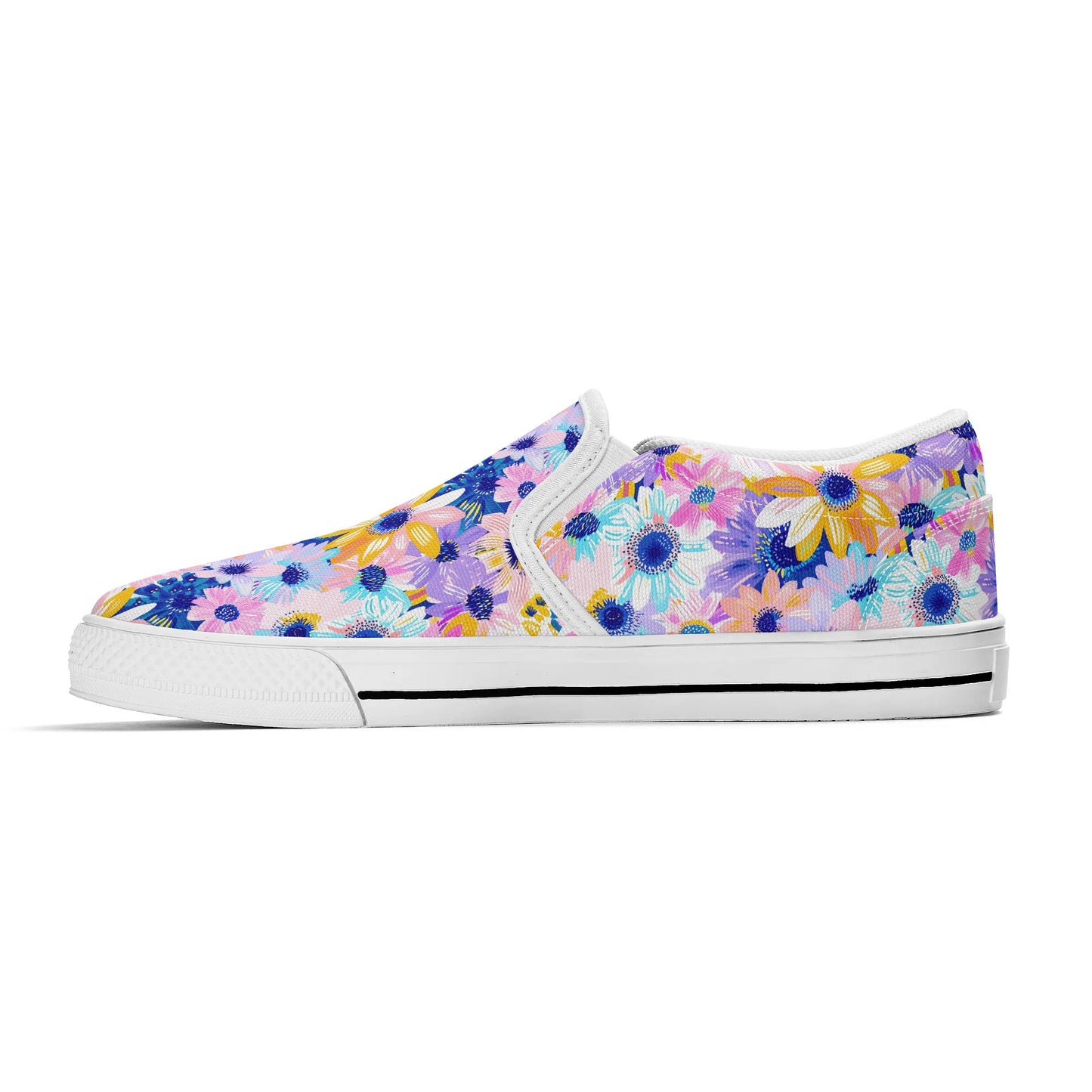 Watercolor Wonderland: Large Colorful Daisies Blooming with Radiance Womens Canvas Slip On Shoes US5-US12