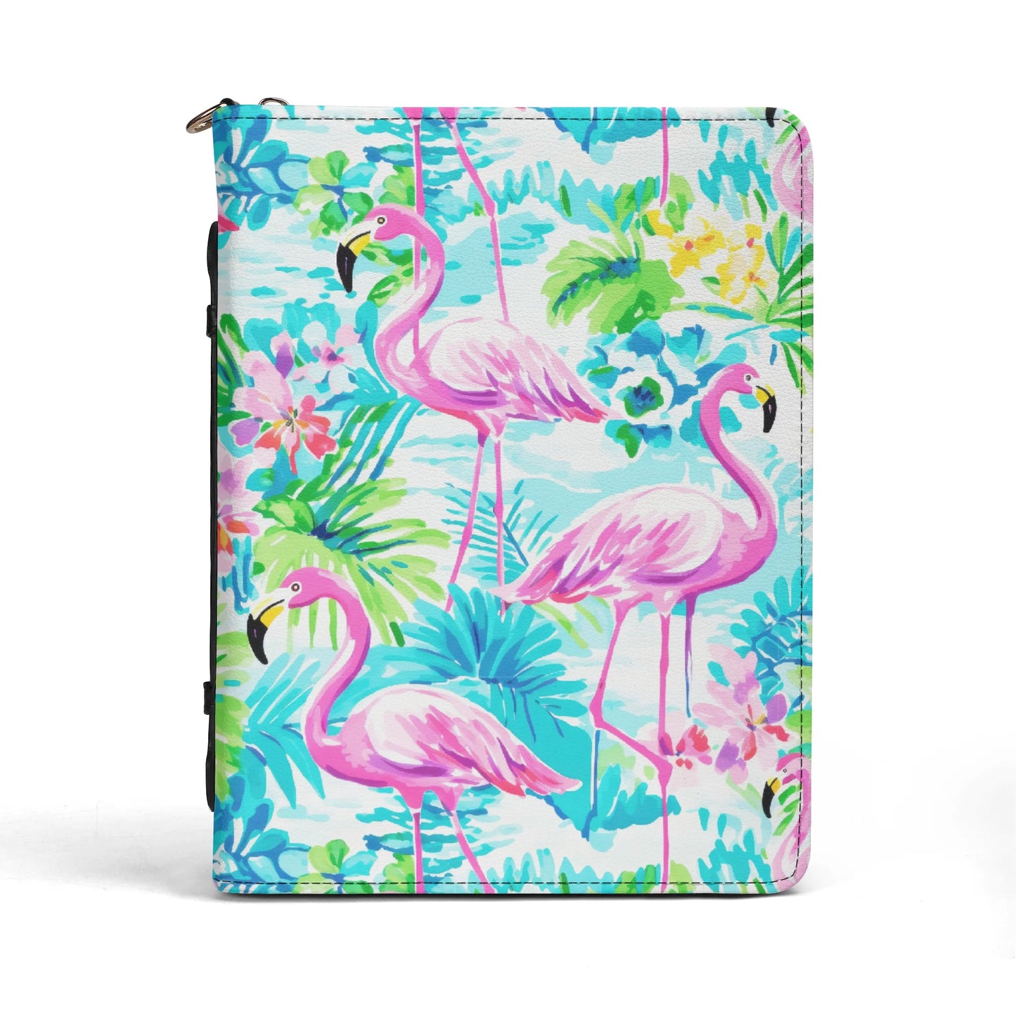 Tropical Flamingo Haven: Surrounded by Flowers and Palm Trees PU Leather Book or Bible Cover With Pocket