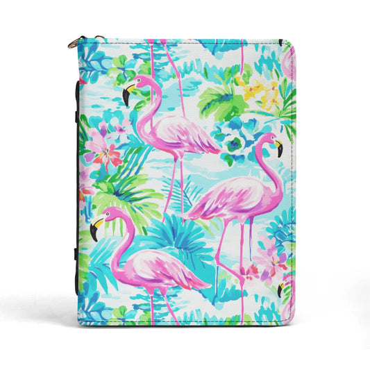 Tropical Flamingo Haven: Surrounded by Flowers and Palm Trees PU Leather Book or Bible Cover With Pocket