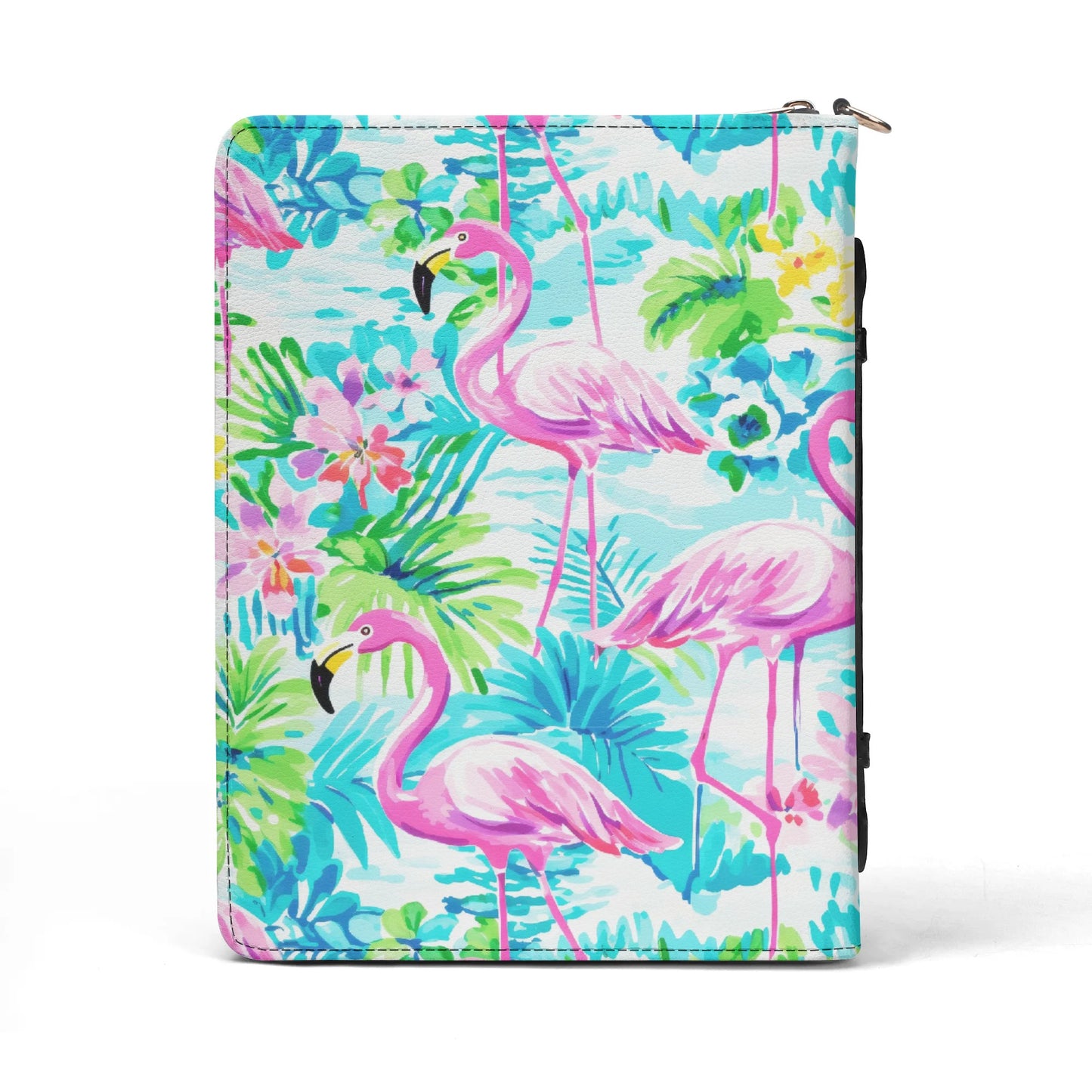 Tropical Flamingo Haven: Surrounded by Flowers and Palm Trees PU Leather Book or Bible Cover With Pocket