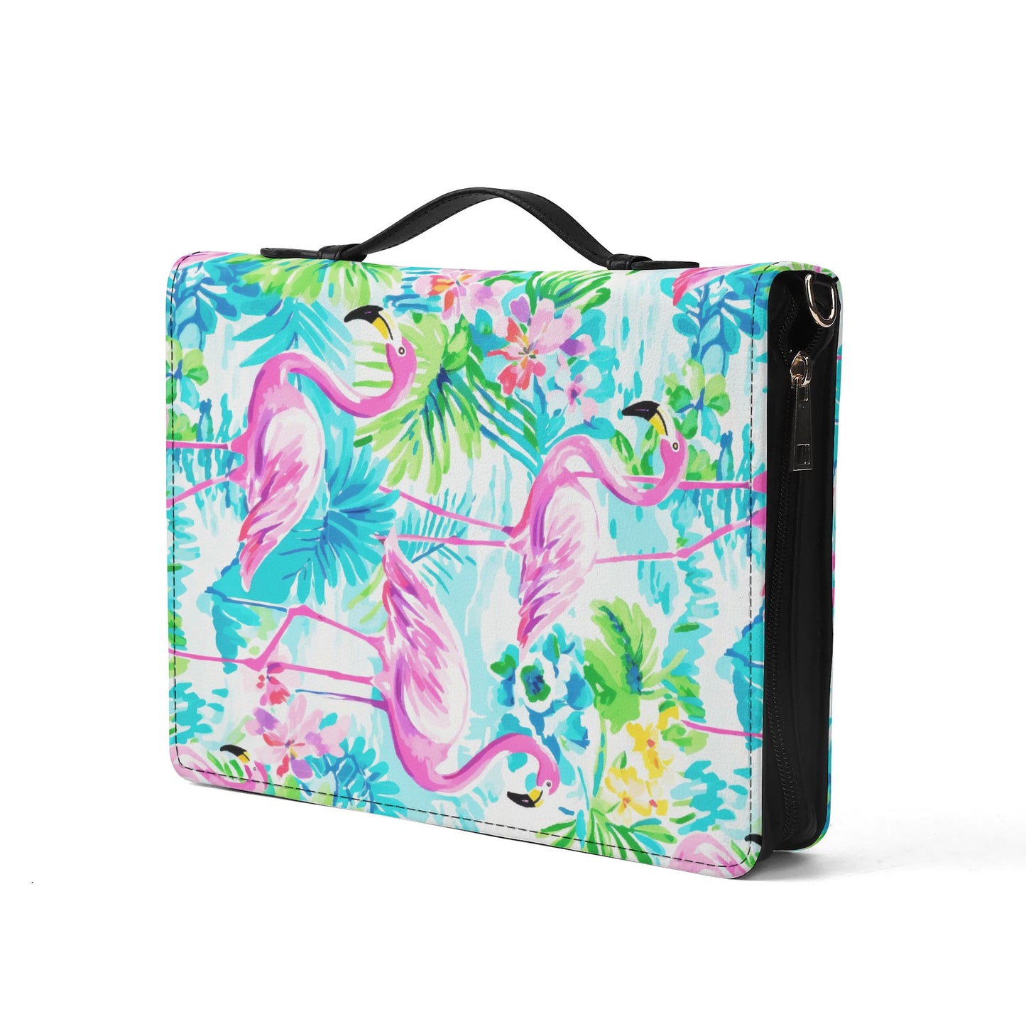 Tropical Flamingo Haven: Surrounded by Flowers and Palm Trees PU Leather Book or Bible Cover With Pocket