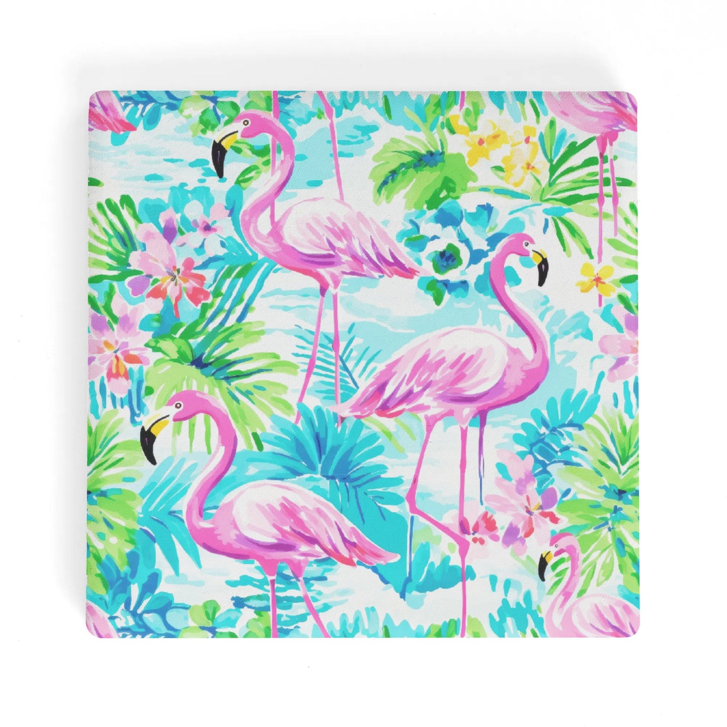 Tropical Flamingo Haven: Surrounded by Flowers and Palm Trees Square Ceramic Coasters - Set of 4