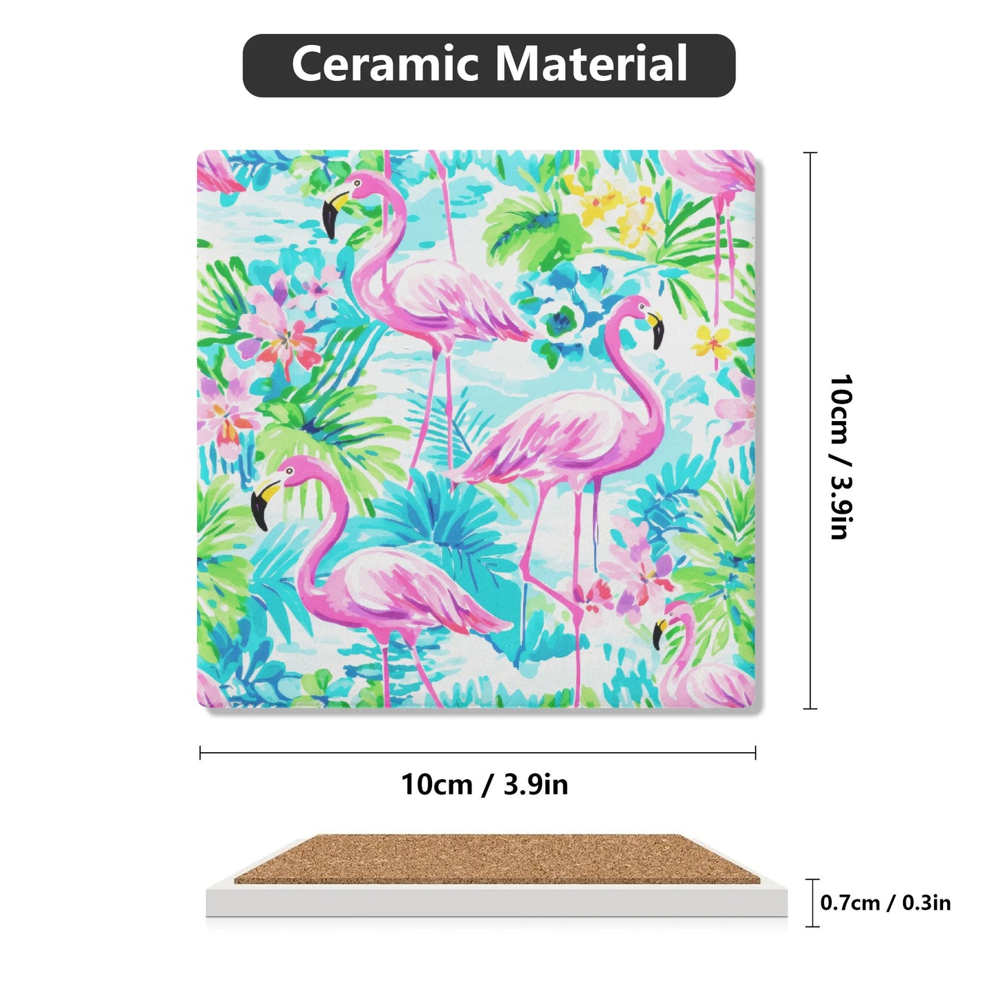 Tropical Flamingo Haven: Surrounded by Flowers and Palm Trees Square Ceramic Coasters - Set of 4