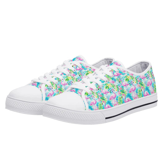 Tropical Flamingo Haven: Surrounded by Flowers and Palm Trees Womens Low Top Canvas Sneakers US5.5 - US12