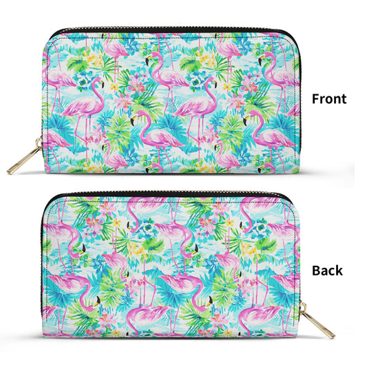 Tropical Flamingo Haven: Surrounded by Flowers and Palm Trees - Leather Wallet (PU)