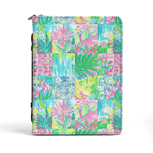 Whimsical Palm Trees and Flowers in Vibrant Pink, Teal, and Green Collage Print PU Leather Book or Bible Cover With Pocket