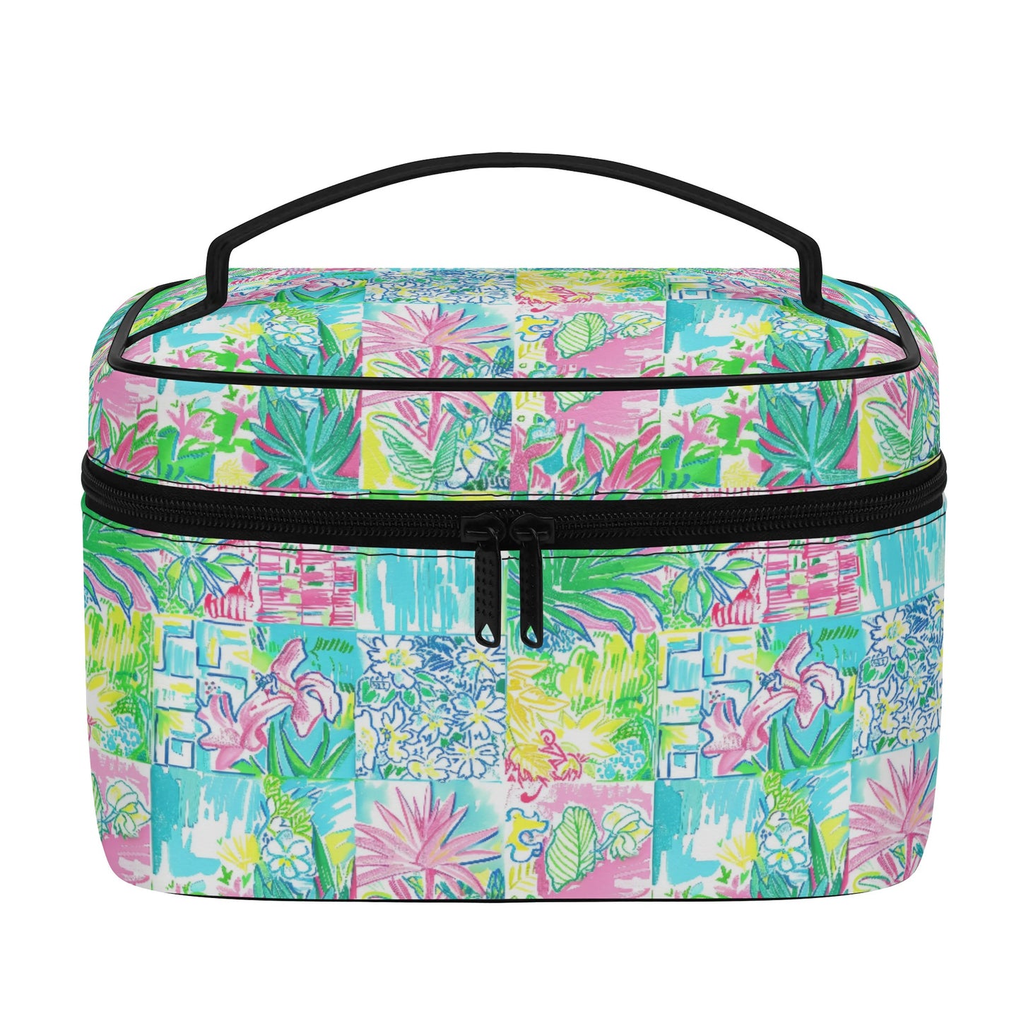 Whimsical Palm Trees and Flowers in Vibrant Pink, Teal, and Green Collage Print Cosmetic or Toiletry Bag Faux Leather (PU)