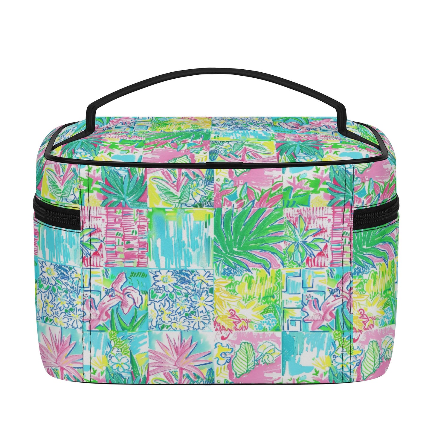 Whimsical Palm Trees and Flowers in Vibrant Pink, Teal, and Green Collage Print Cosmetic or Toiletry Bag Faux Leather (PU)