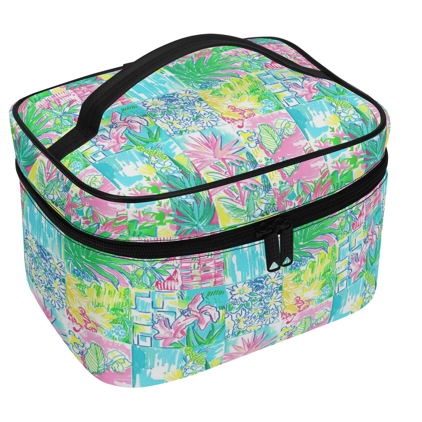 Whimsical Palm Trees and Flowers in Vibrant Pink, Teal, and Green Collage Print Cosmetic or Toiletry Bag Faux Leather (PU)