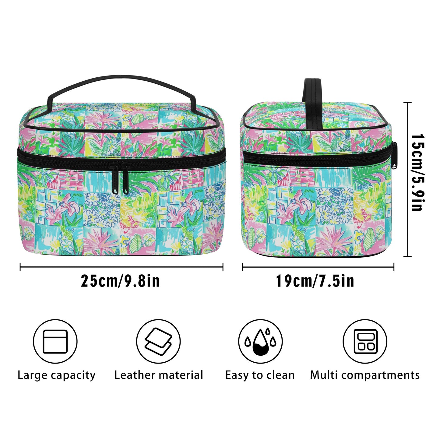 Whimsical Palm Trees and Flowers in Vibrant Pink, Teal, and Green Collage Print Cosmetic or Toiletry Bag Faux Leather (PU)