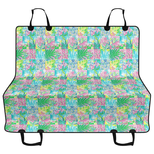 Whimsical Palm Trees and Flowers in Vibrant Pink, Teal, and Green Collage Print Car Pet Seat Cover 2 Sizes