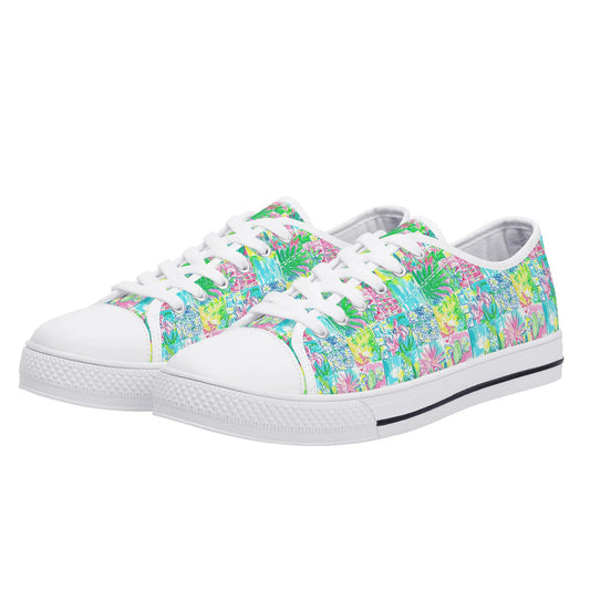 Whimsical Palm Trees and Flowers in Vibrant Pink, Teal, and Green Collage Print Womens Low Top Canvas Sneakers US5.5 - US12