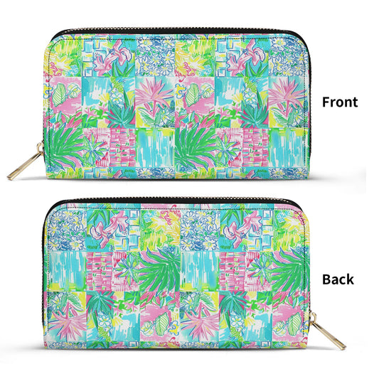 Whimsical Palm Trees and Flowers in Vibrant Pink, Teal, and Green Collage Print - Leather Wallet (PU)