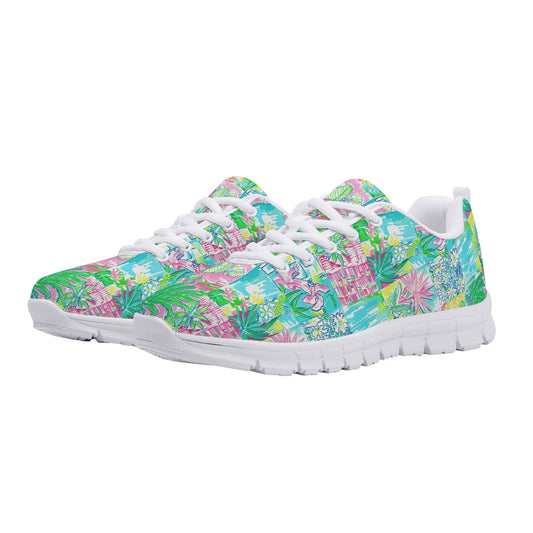 Whimsical Palm Trees and Flowers in Vibrant Pink, Teal, and Green Collage Print Womens EVA Mesh Running Shoes US5-US12