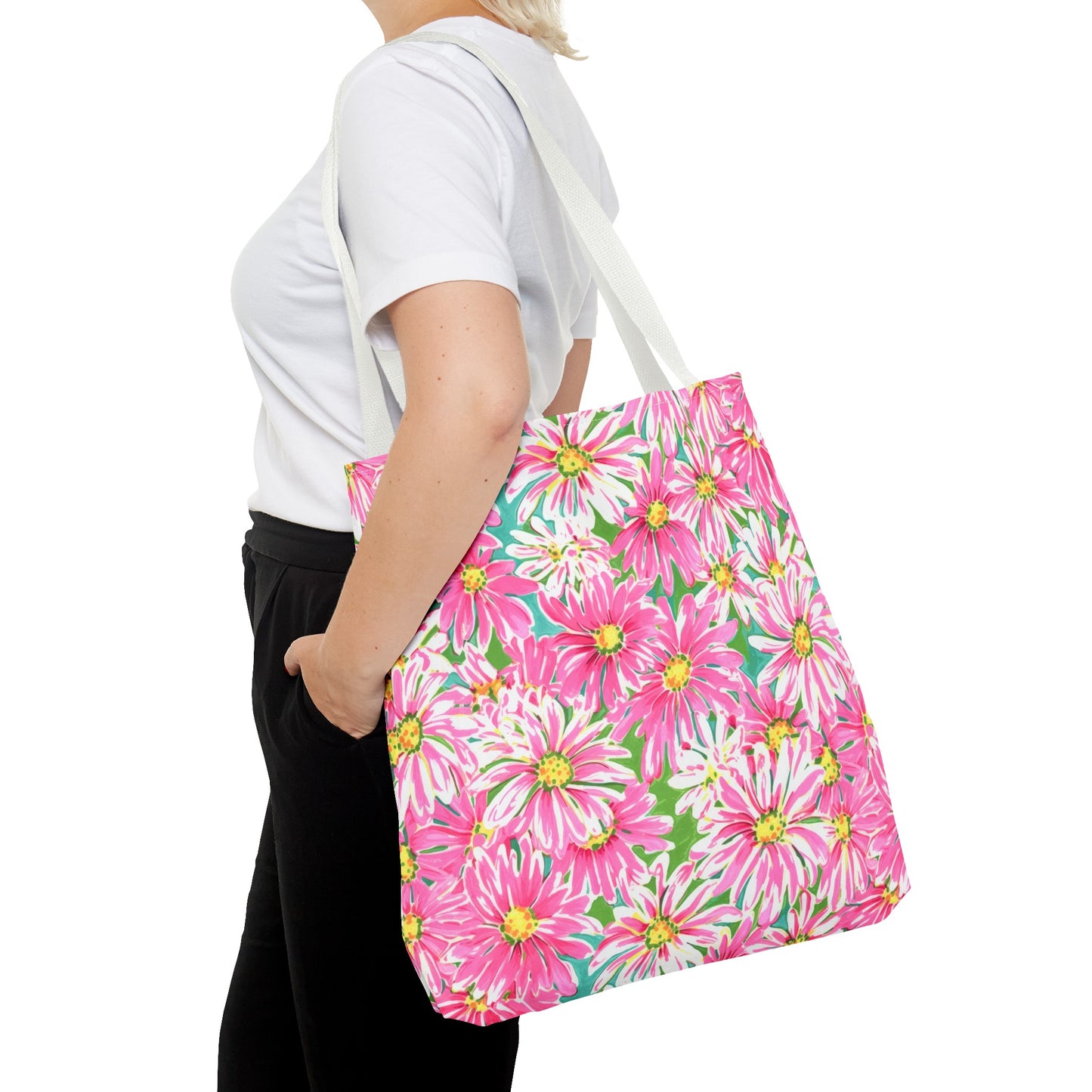 Springs Whisper: Watercolor Pink Daisies Dancing on a Lush Green Stage Canvas Tote Bag 3 Sizes