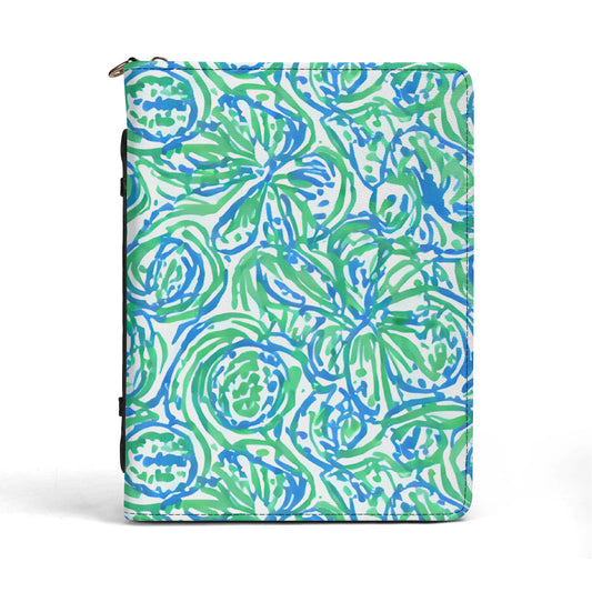 Emerald Tide: Swirling Green and Blue Flowers Print PU Leather Bible Cover With Pocket