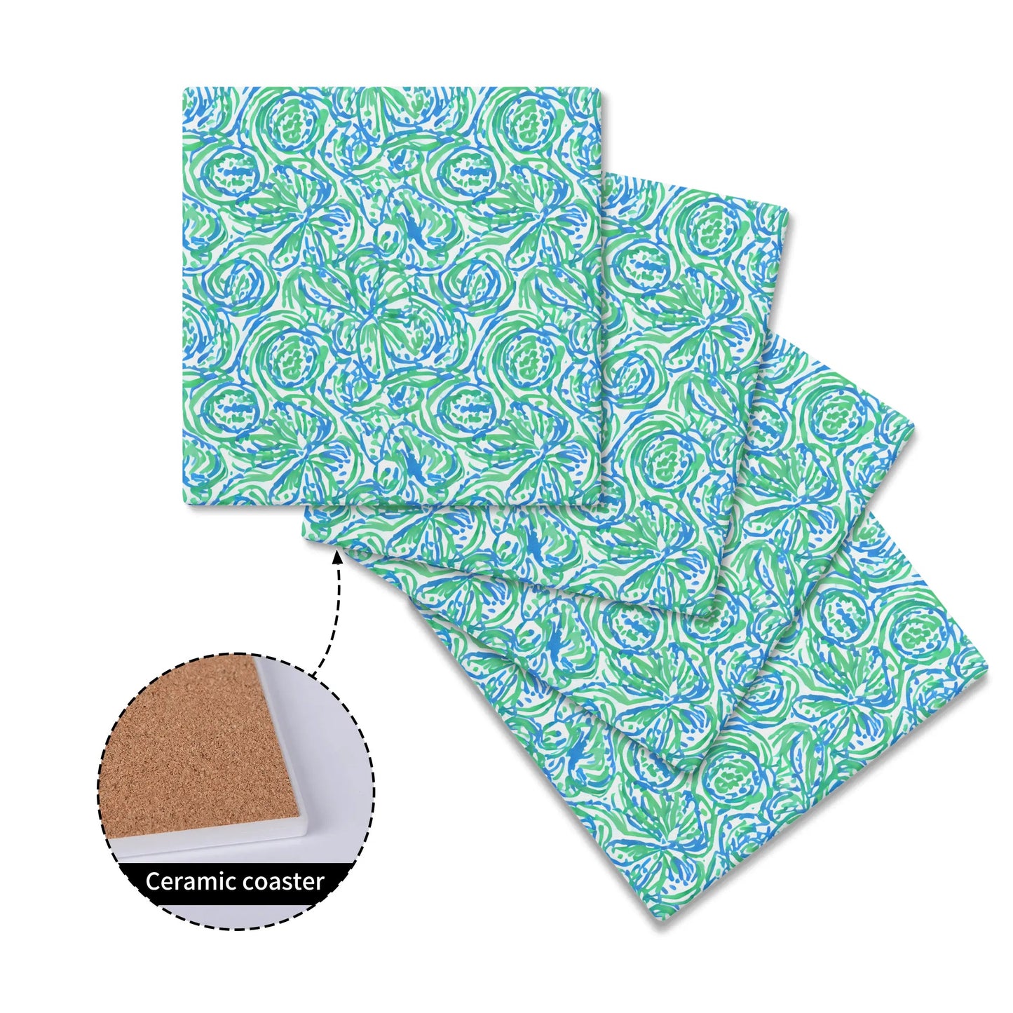 Emerald Tide: Swirling Green and Blue Flowers Square Ceramic Coasters - Set of 4