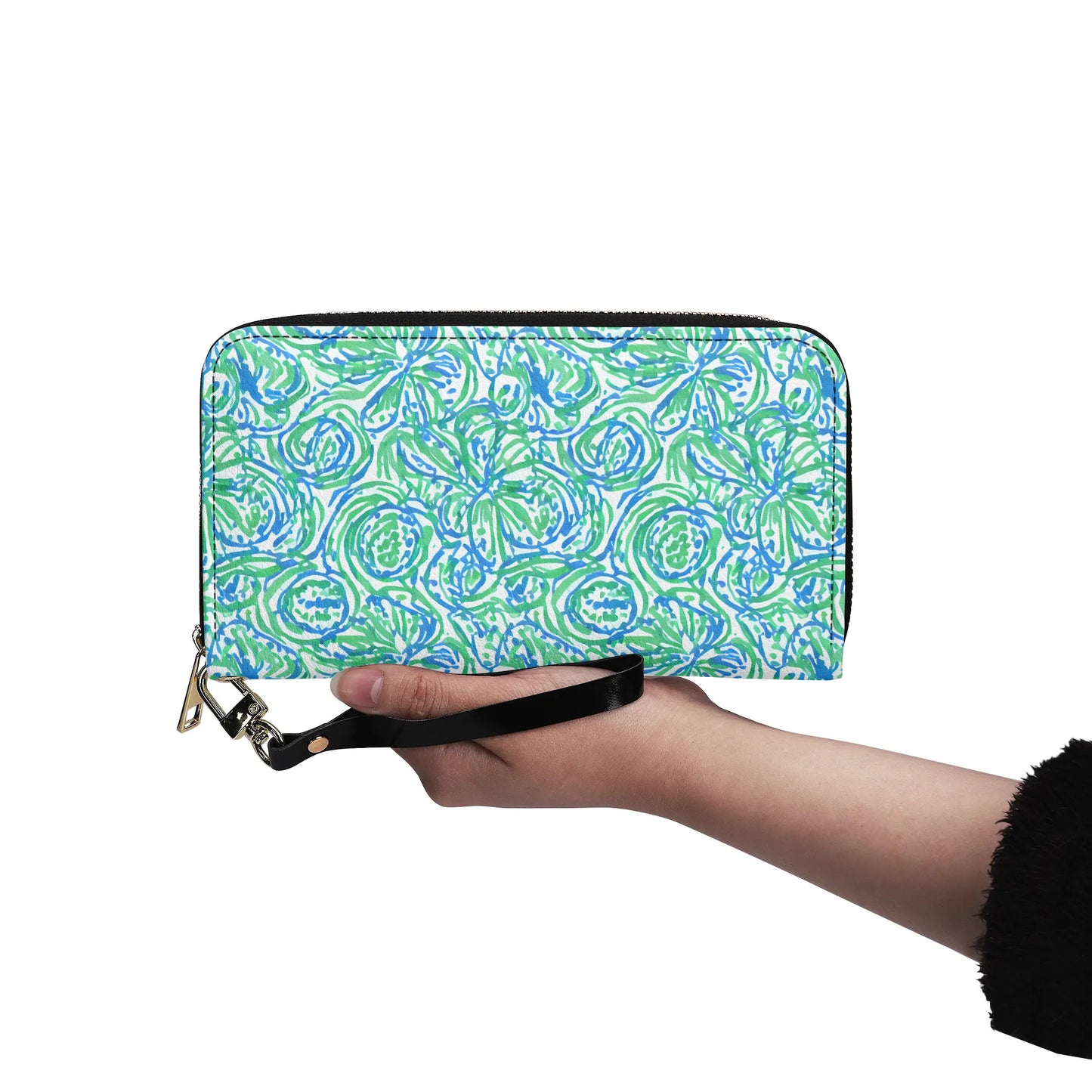 Emerald Tide: Swirling Green and Blue Flowers - Leather Wallet (PU)