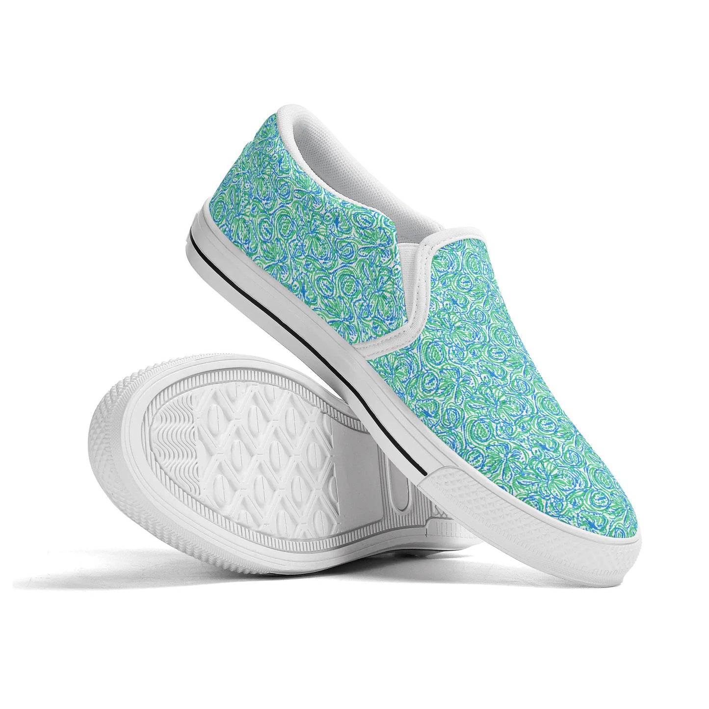 Emerald Tide: Swirling Green and Blue Flowers Womens Canvas Slip On Shoes US5-US12