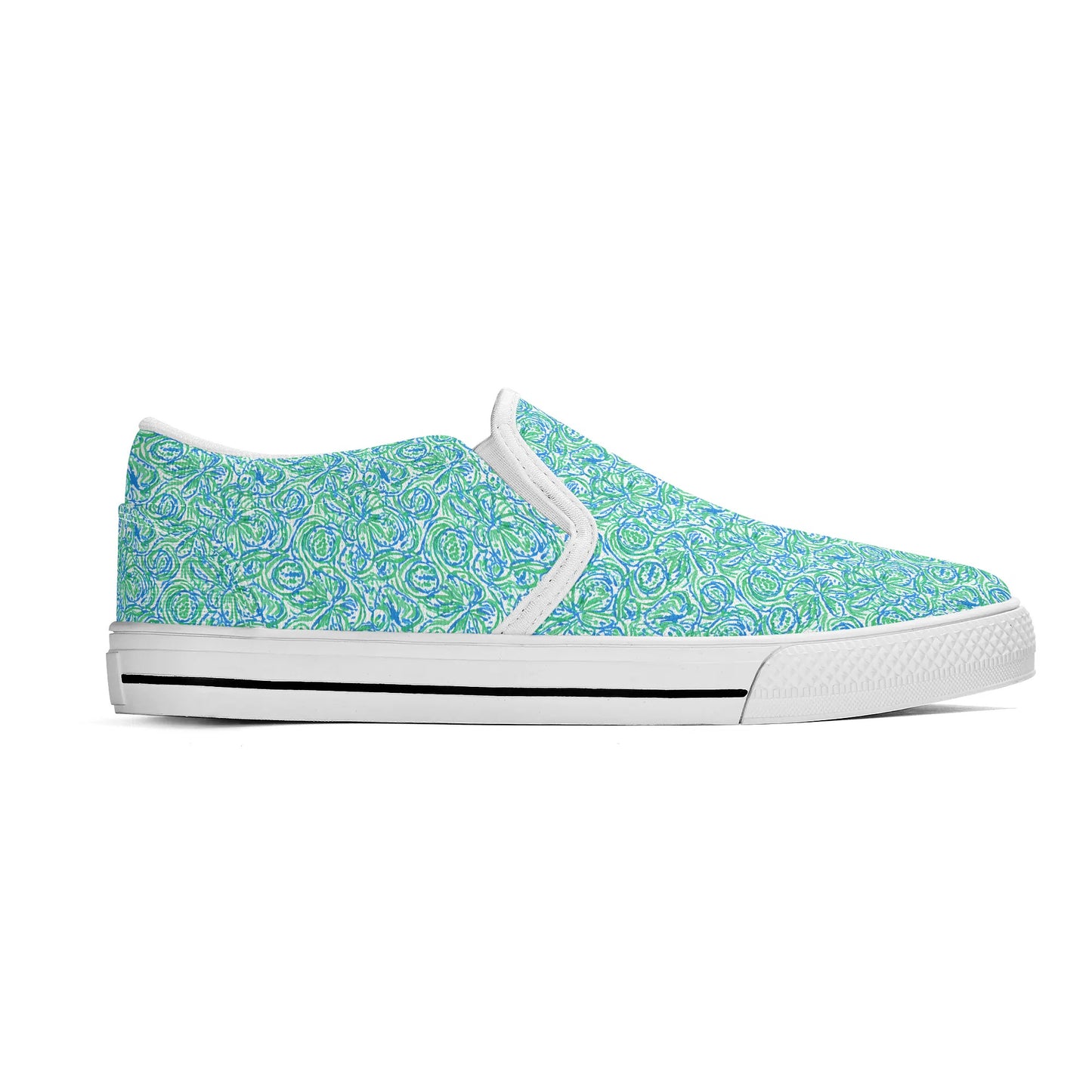 Emerald Tide: Swirling Green and Blue Flowers Womens Canvas Slip On Shoes US5-US12