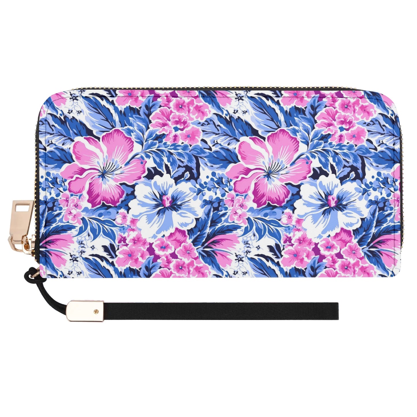 Bright Blooms: Pink and Blue Watercolor Hibiscus in Vivid Splendor Wristlet Wallet with Zipper Faux Leather (PU)