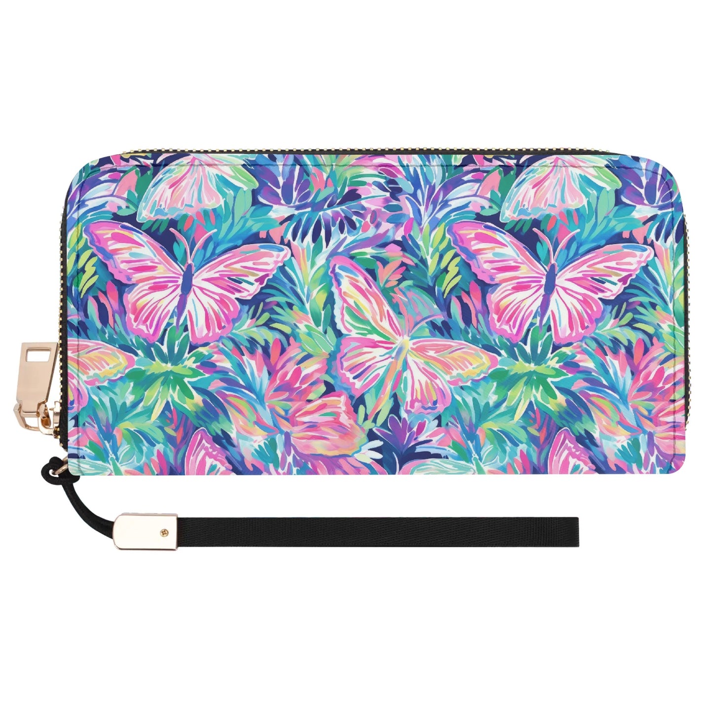 Fluttering Rainbows: Vibrant Watercolor Butterflies in Flight Wristlet Wallet with Zipper Faux Leather (PU)