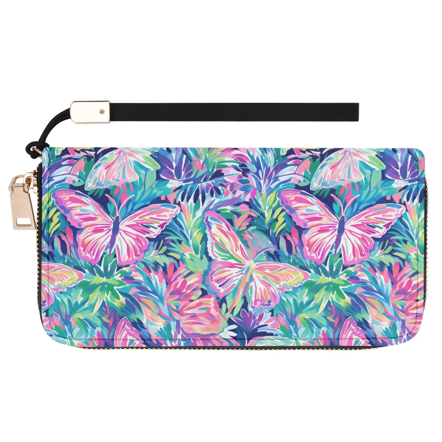 Fluttering Rainbows: Vibrant Watercolor Butterflies in Flight Wristlet Wallet with Zipper Faux Leather (PU)